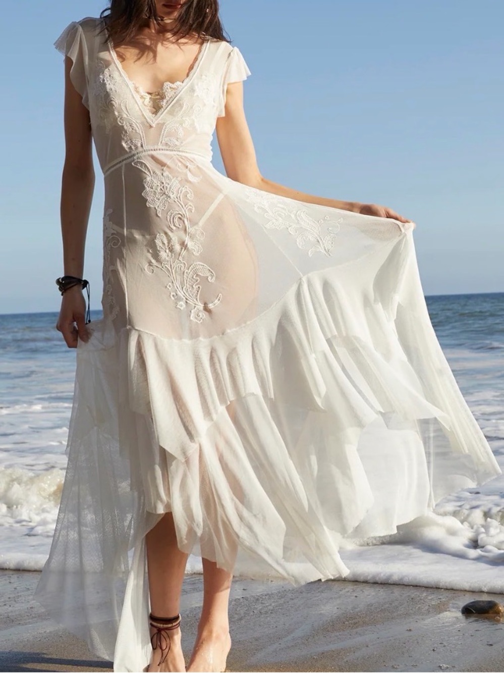 Current Mood Ivory Embroidered Mesh Ruffle Maxi Dress M